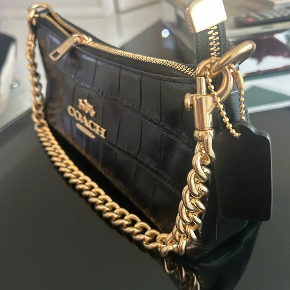 Coach Black Croc-Embossed Shoulder Bag with Gold Accents - Picture 3 of 5